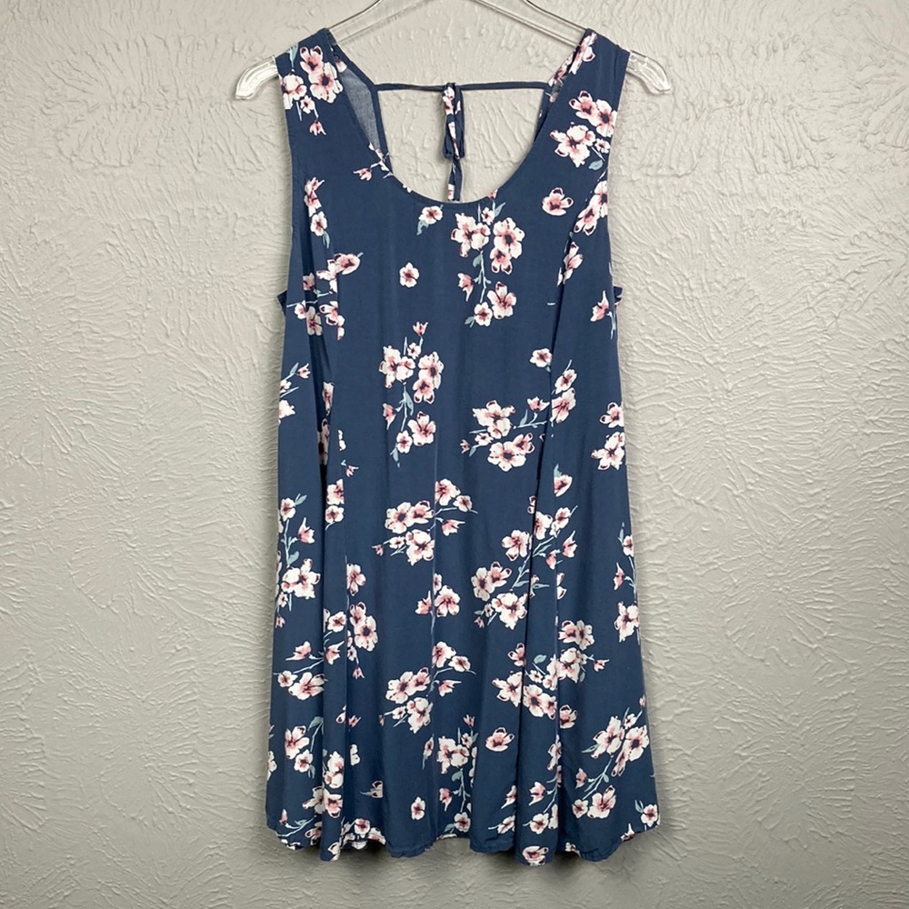 GARAGE Blue White Floral Print Tie Back Sleeveless Mini Dress Women's Si…